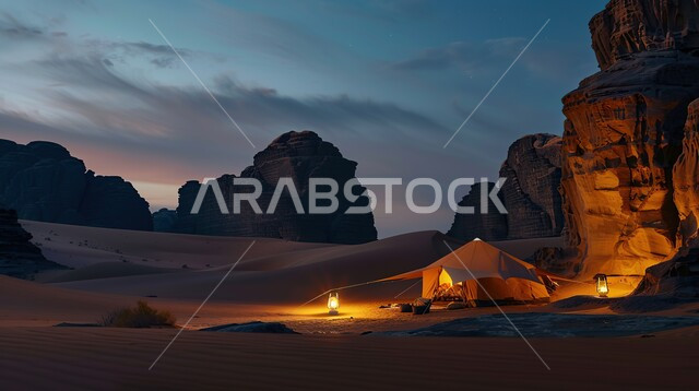 خيمة بدوية شعبية وسط الصحراء، قضاء أوقات ممتعة بالتخييم في صحاري المملكة العربية السعودية, جلسة بر شبابية تحت شجرة نخيل، التضاريس والرمال الذهبية الناعمة في وضح النهار، مخيمات سياحية في المناطق البرية