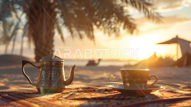  تقديم المشروبات الساخنة للضيوف، المغامرات والكشتات البرية، الطبيعة والرمال الذهبية الناعمة، أجواء التخييم الشبابية الممتعة، مخيمات سياحية في صحاري المملكة العربية السعودية، منتجات وطنية محلية، صورة مقربة لإبريق الشاي العربي التقليدي مع فنجان