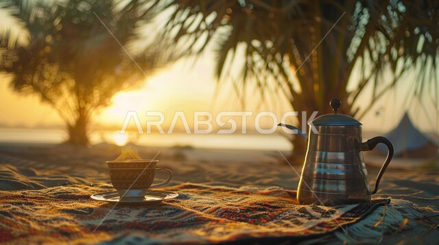  تقديم المشروبات الساخنة للضيوف، المغامرات والكشتات البرية، الطبيعة والرمال الذهبية الناعمة، أجواء التخييم الشبابية الممتعة، مخيمات سياحية في صحاري المملكة العربية السعودية، منتجات وطنية محلية، صورة مقربة لإبريق الشاي العربي التقليدي مع فنجان