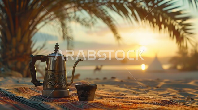  تقديم المشروبات الساخنة للضيوف، المغامرات والكشتات البرية، الطبيعة والرمال الذهبية الناعمة، أجواء التخييم الشبابية الممتعة، مخيمات سياحية في صحاري المملكة العربية السعودية، منتجات وطنية محلية، صورة مقربة لإبريق الشاي العربي التقليدي مع فنجان