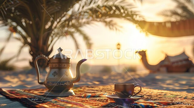  تقديم المشروبات الساخنة للضيوف، المغامرات والكشتات البرية، الطبيعة والرمال الذهبية الناعمة، أجواء التخييم الشبابية الممتعة، مخيمات سياحية في صحاري المملكة العربية السعودية، منتجات وطنية محلية، صورة مقربة لإبريق الشاي العربي التقليدي مع فنجان