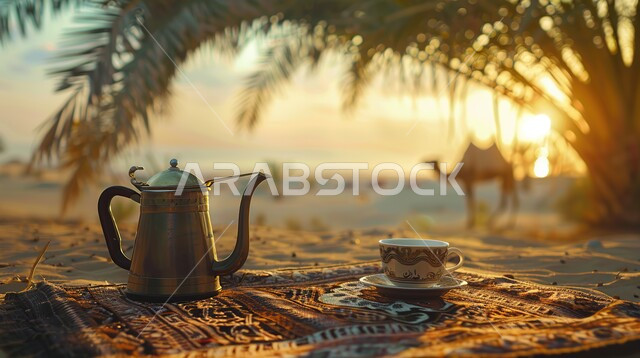 Serving hot drinks to guests, adventures and wild outings, nature and soft golden sands, fun youth camping atmosphere, tourist camps in the deserts of the Kingdom of Saudi Arabia, local national products, close-up of traditional Arabic teapot with cup