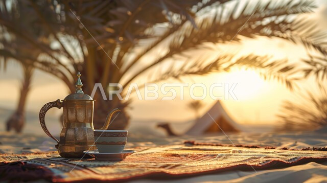 Serving hot drinks to guests, adventures and wild outings, nature and soft golden sands, fun youth camping atmosphere, tourist camps in the deserts of the Kingdom of Saudi Arabia, local national products, close-up of traditional Arabic teapot with cup