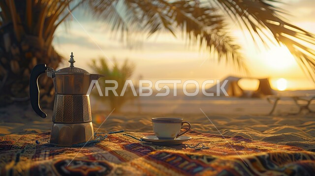 Serving hot drinks to guests, adventures and wild outings, nature and soft golden sands, fun youth camping atmosphere, tourist camps in the deserts of the Kingdom of Saudi Arabia, local national products, close-up of traditional Arabic teapot with cup