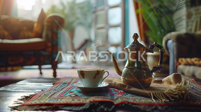 الاستمتاع بالمشروبات الساخنة، الاواني الذهبية بزخارف ارابيسك التقليدية الملونة، التقاليد و العادات القديمة في تقديم الشاي, حسن الضيافه وكرم الإستقبال في المملكة العربية السعودية, صورة مقربة لمجموعة من الفناجين المزخرفة على الطاولة في غرفة المعيشة