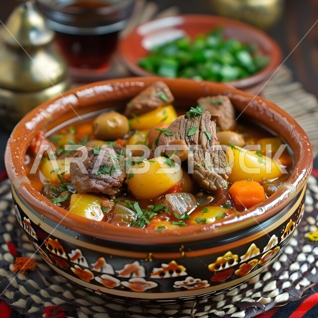 Protein-rich meats, Saudi Arabia restaurants, popular meals and dishes, delicious oriental cuisine, traditional food recipes, food presentation arts, close-up of a plate of beef stew with potatoes and olives