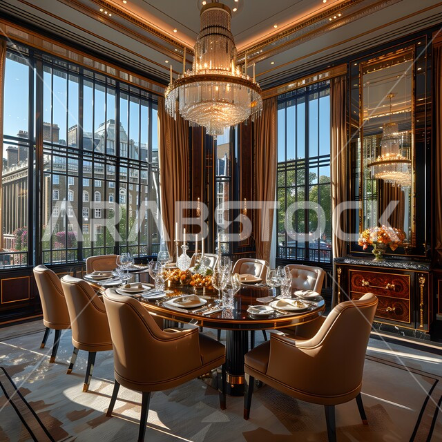 Large glass windows allow you to enjoy the scenery while eating, modern interior home decorations for dining rooms, dining room with elegant designs, engineering arts and the use of elegant artistic style in home furniture, residential apartments and villas in the Kingdom of Saudi Arabia