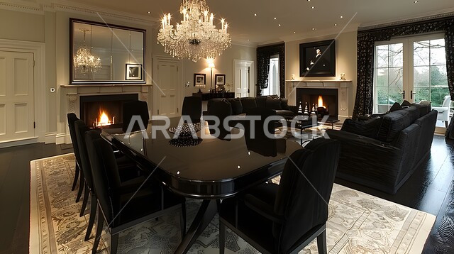 Large glass windows allow you to enjoy the scenery while eating, modern interior home decorations for dining rooms, dining room with elegant designs, engineering arts and the use of elegant artistic style in home furniture, residential apartments and villas in the Kingdom of Saudi Arabia