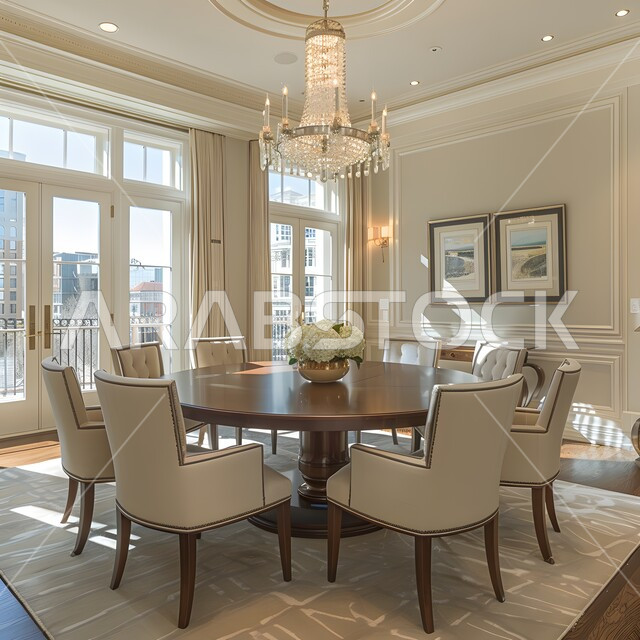 نوافذ زجاجية كبيرة تسمح بالتمتع بالمناظر الطبيعية أثناء تناول الطعام، ديكورات منزلية داخلية حديثة لغرف الاكل، غرفة سفرة بتصاميم راقية، الفنون الهندسية و استخدام الطراز الفني الانيق في الاثاث المنزلي، شقق وفلل سكنية في المملكة العربية السعودية