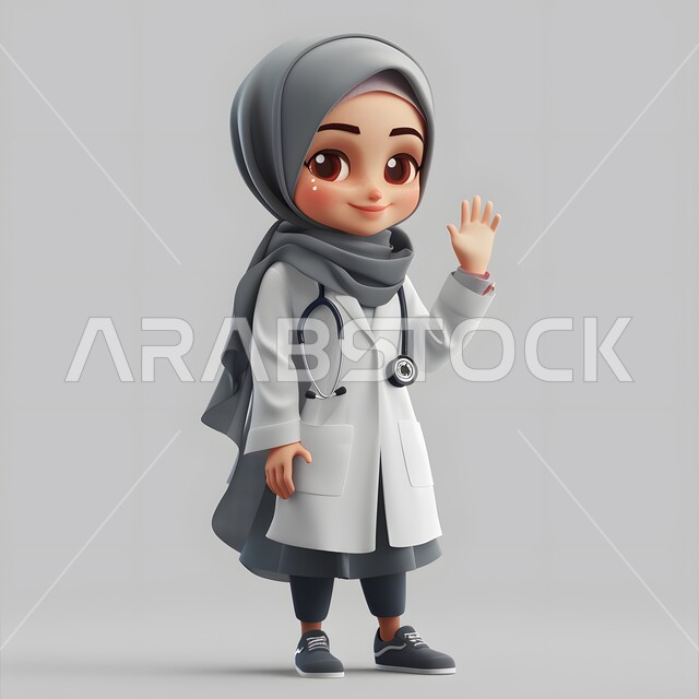 Greeting and greeting, providing medical services in hospitals, 3d illustration of smiling Saudi Arabian Gulf female doctor wearing a white coat, looking at the camera, raising her hand up in farewell gestures, full body image, gray background