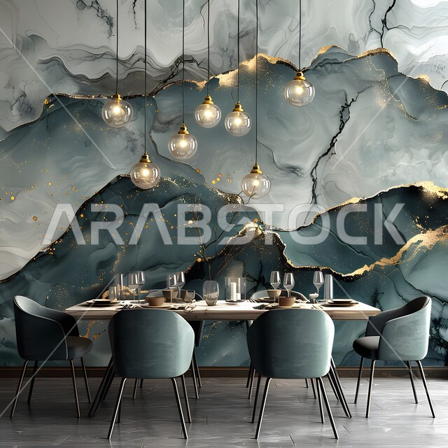 تزيين الحائط بطريقة فنية عصرية، ديكورات منزلية داخلية حديثة، تصاميم جديده لغرف الطعام في بيوت ومنازل المملكة العربية السعودية، الفن الهندسي على الطراز الحديث و المتطور، مواكبة الموضة المعاصرة، سفرة أكل بلون رمادي