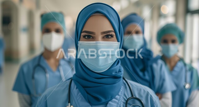تقديم الرعاية والخدمات الصحية للمرضى، العمل الجماعي في القطاع الطبي في المملكة العربية السعودية، مهن ووظائف  طبية، مجموعة من الأطباء يرتدون اليونيفورم الخاص ويضعون الكمامات والسماعات الطبية حول عنقهم يقفون مكتوفي الأيدي، النظر الى الكاميرا بايماءات الثقة بالنفس