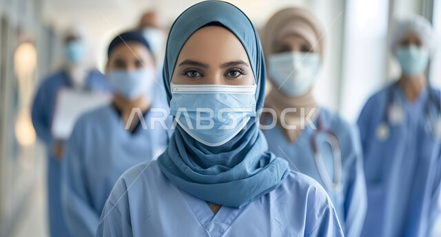 النظر الى الكاميرا بايماءات الثقة بالنفس، مجموعة من الأطباء يرتدون اليونيفورم الخاص ويضعون الكمامات والسماعات الطبية حول عنقهم يقفون مكتوفي الأيدي، مهن ووظائف طبية، تقديم الرعاية والخدمات الصحية للمرضى، العمل الجماعي في القطاع الطبي في المملكة العربية السعودية