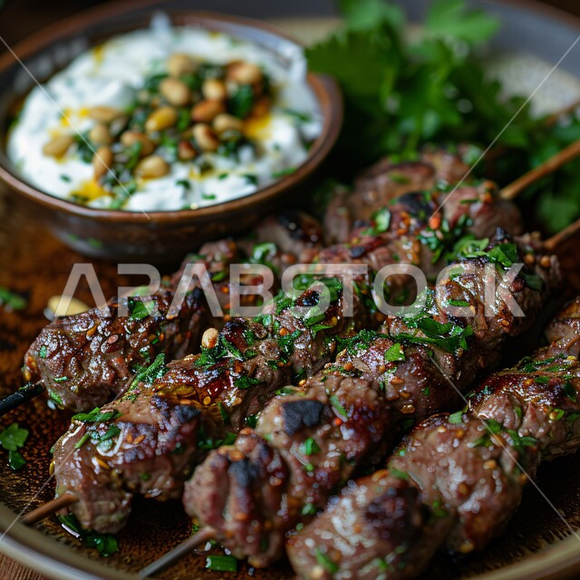 Fast food restaurants, recipes and distinctive dishes in the kitchens of the Kingdom of Saudi Arabia, healthy and useful meals, delicious oriental Arabic cuisine, a close-up of grilled beef skewers with herbs and pine nuts