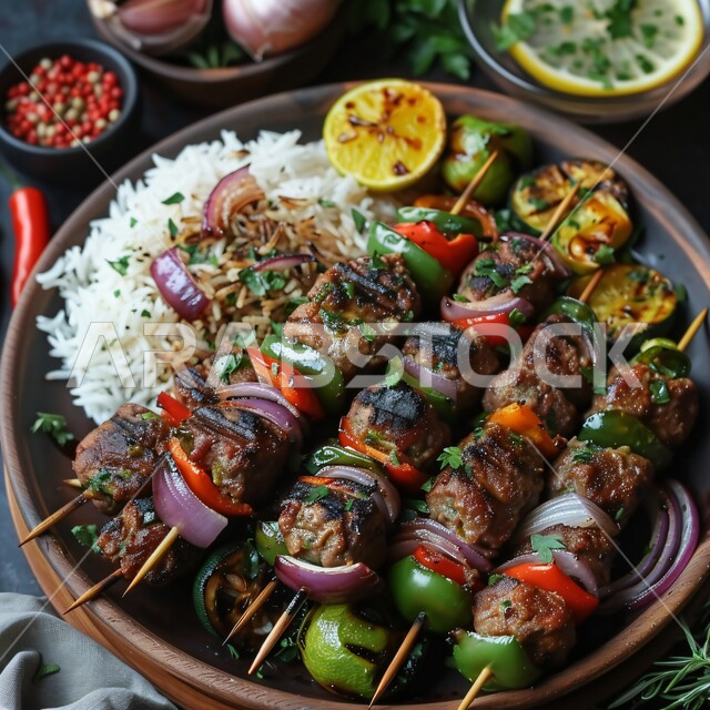 Fast food restaurants, recipes and distinctive dishes in the kitchens of the Kingdom of Saudi Arabia, healthy and useful meals, delicious oriental Arabic cuisine, close-up photo of grilled meat skewers with vegetables and rice