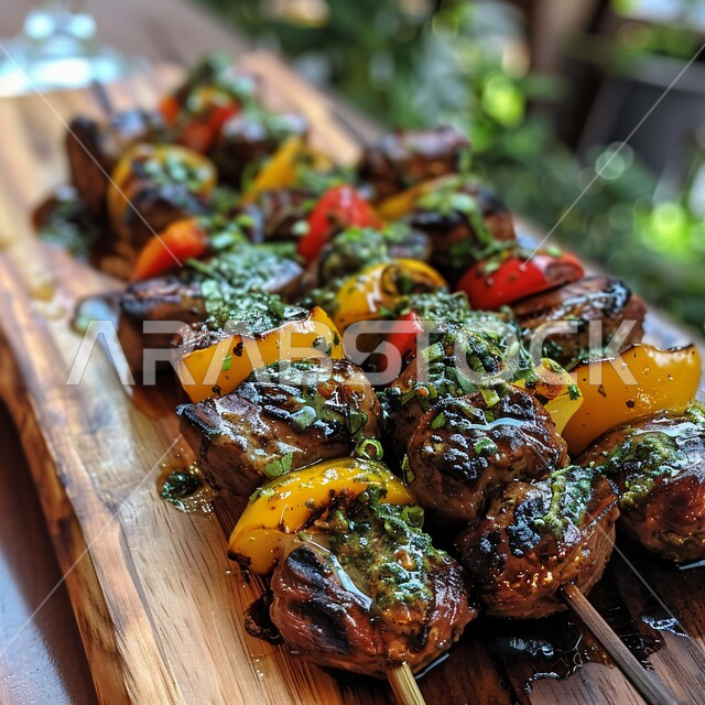 Fast food restaurants, recipes and distinctive dishes in the kitchens of the Kingdom of Saudi Arabia, healthy and useful meals, delicious oriental Arabic cuisine, a close-up of grilled beef skewers with yellow pepper and coriander