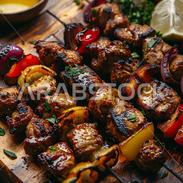 Fast food restaurants, recipes and distinctive dishes in the kitchens of the Kingdom of Saudi Arabia, healthy and useful meals, delicious oriental Arabic cuisine, close-up photo of grilled meat and vegetable skewers