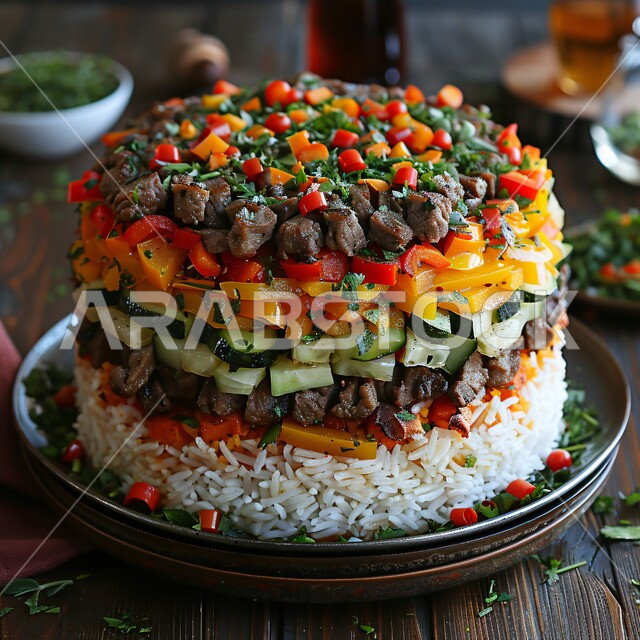 Fast food restaurants, recipes and distinctive dishes in the kitchens of the Kingdom of Saudi Arabia, healthy and useful meals, delicious oriental Arabic cuisine, close-up image of a multi-layered rice dish with meat, vegetables and herbs
