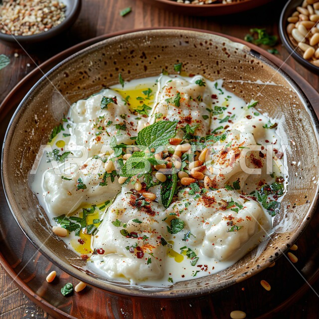 المأكولات العربية الشرقية الشهية، مطاعم الأكلات السريعة، وصفات وأطباق متميزة في مطابخ المملكة العربية السعودية، الوجبات الصحية المفيدة, صورة مقربة لطبق الزلابية الشرق أوسطية مع صلصة الزبادي والإضافات