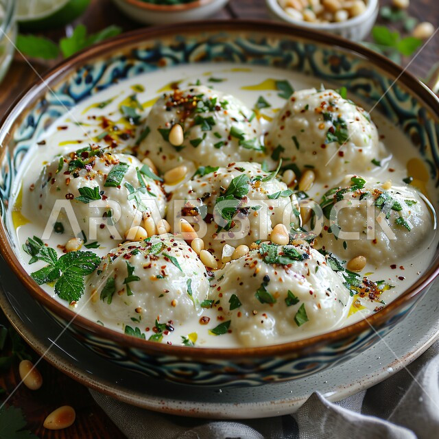 المأكولات العربية الشرقية الشهية، مطاعم الأكلات السريعة، وصفات وأطباق متميزة في مطابخ المملكة العربية السعودية، الوجبات الصحية المفيدة, صورة مقربة لكبة كريمية شرق أوسطية في وعاء