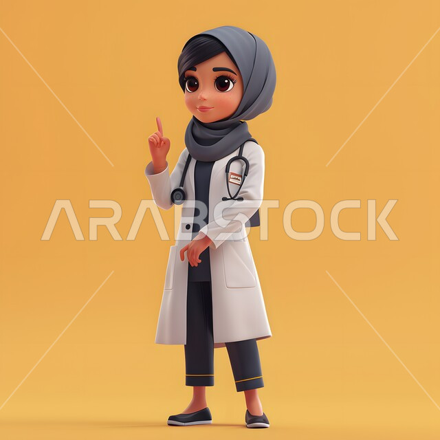 Number one gestures, working in the medical sector, providing medical services in hospitals and health centers, 3d illustration of a veiled Saudi Arabian Gulf female doctor wearing a white coat raising her index finger pointing at something, full body image, yellow background