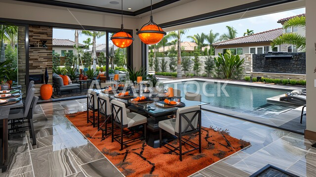 التمتع بإطلالة بانورامية عبر نوافذ زجاجية ضخمة أثناء تناول الوجبات، ديكورات عصرية لغرف الطعام في المنازل العربية السعودية، تصاميم فاخرة وحديثة لسفر الأكل، أثاث منزلي أنيق بألوان مختلفة 