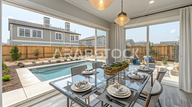 التمتع بإطلالة بانورامية عبر نوافذ زجاجية ضخمة أثناء تناول الوجبات، ديكورات عصرية لغرف الطعام في المنازل العربية السعودية، تصاميم فاخرة وحديثة لسفر الأكل، أثاث منزلي أنيق بألوان مختلفة 