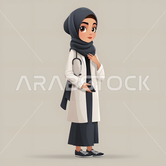 استخدام التقنيات الحديثة، العمل في القطاع الطبي، تقديم الخدمات العلاجية في المستشفيات، رسوم توضيحية ثلاثية الأبعاد لطبيبة عربية خليجية سعودية محجبة ترتدي المعطف الابيض تنظر الى الكاميرا تمسك بيدها الهاتف المحمول، صورة الجسم بالطول الكامل، خلفية رمادية