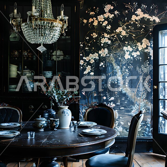 مفهوم الفن الهندسي الحديث و المتطور، غرفة سفرة بتصاميم عصرية راقية، ديكورات منزلية داخلية حديثة لغرفة طعام بلون أسود أنيق, اثاث منزلي فاخر, شق وفلل سكنية في المملكة العربية السعودية 