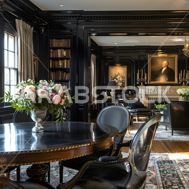 Modern and advanced engineering concept, dining room with elegant contemporary designs, modern interior home decorations for a dining room in elegant black color, luxury home furniture, residential apartments and villas in the Kingdom of Saudi Arabia