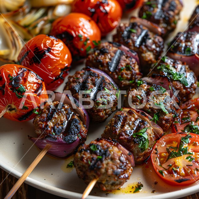 أغذية صحية ذات قيمة غذائية عالية, أطباق اللحوم الشهية, وجبات الطعام اللذيذة, أكلات عربية شرقية تقليدية, مطابخ و مطاعم المملكة العربية السعودية, صورة مقربة لأسياخ كرات اللحم والخضروات المشوية