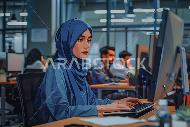 استخدام الأجهزة التكنولوجية الحديثة والمتطورة، مهن ووظائف ادارية مكتبية, إدارة شؤون الأعمال وتنظيمها، موظفة عربية خليجية سعودية محجبة تقوم بالعمل على الحاسوب داخل المكتب، الشركات والمكاتب في المملكة العربية السعودية