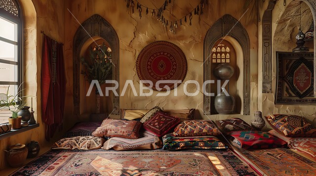 الاحتفاظ والاهتمام بأثاث الأجداد القديم، التصاميم الداخلية لغرف الجلوس على الطراز العربي الاسلامي، غرفة معيشة مع أثاث منزلي ومجالس عربية تقليدية، تحف واكسسوارات أنيقة، ديكور داخلي راقي للفلل والشقق السكنية في المملكة العربية السعودية