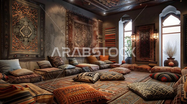 الاحتفاظ والاهتمام بأثاث الأجداد القديم، التصاميم الداخلية لغرف الجلوس على الطراز العربي الاسلامي، غرفة معيشة مع أثاث منزلي ومجالس عربية تقليدية، تحف واكسسوارات أنيقة، ديكور داخلي راقي للفلل والشقق السكنية في المملكة العربية السعودية