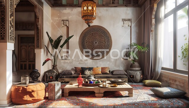 الاحتفاظ والاهتمام بأثاث الأجداد القديم، التصاميم الداخلية لغرف الجلوس على الطراز العربي الاسلامي، غرفة معيشة مع أثاث منزلي ومجالس عربية تقليدية، تحف واكسسوارات أنيقة، ديكور داخلي راقي للفلل والشقق السكنية في المملكة العربية السعودية