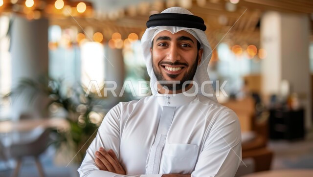  مفهوم الأناقة والرجولة، صورة مقربة لرجل عربي سعوي خليجي مبتسم يرتدي الكندورة والغترة يقف بأيدي متقاطعة في إحدى الفنادق الراقية، النظر الى الكاميرا بايماءات البشاشة والثقة بالنفس،العناية والاهتمام  بالمظهر الخارجي