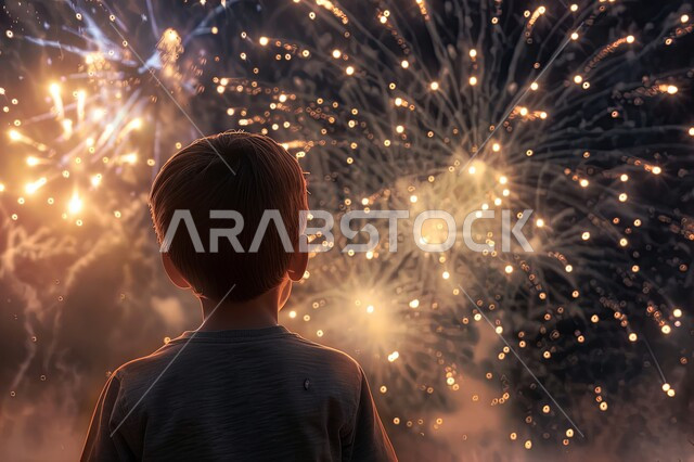 مهرجانات واحتفالات في المملكة العربية السعودية, صورة من الخلف لطفل ينظر الى المفرقعات الملونة والالعاب النارية في السماء ليلا, الأعياد والمناسبات الاسلامية السعيدة، الاحتفال بذكرى العيد الوطني السعودي 23 سبتمبر
