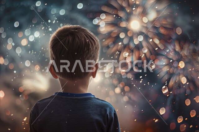 مهرجانات واحتفالات في المملكة العربية السعودية, صورة من الخلف لطفل ينظر الى المفرقعات الملونة والالعاب النارية في السماء ليلا, الأعياد والمناسبات الاسلامية السعيدة، الاحتفال بذكرى العيد الوطني السعودي 23 سبتمبر