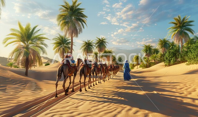وسائل التنقل والسفر في القدم، قافلة من الجمال تمشي وسط الرمال الذهبية الناعمة، محميات طبيعية برية للعناية بالجمال والابل في المناطق الصحراوية، مفهوم الاهتمام  بتربية ورعاية المواشي والثدييات، التضاريس والمرتفعات والقمم الرملية، زراعة أشجار النخيل في السعودية