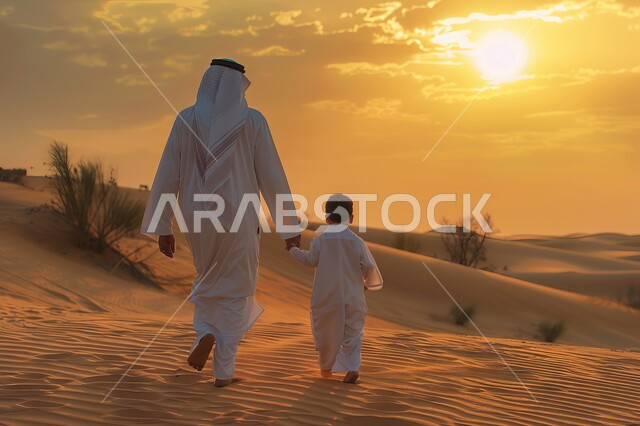 Sand formations and formations, terrain and heights and mountain peaks in the wilderness, plateaus and hills of soft sand in the Empty Quarter, desert landscape in the Kingdom of Saudi Arabia, a picture from the back of a father and child walking on soft golden sand at sunset