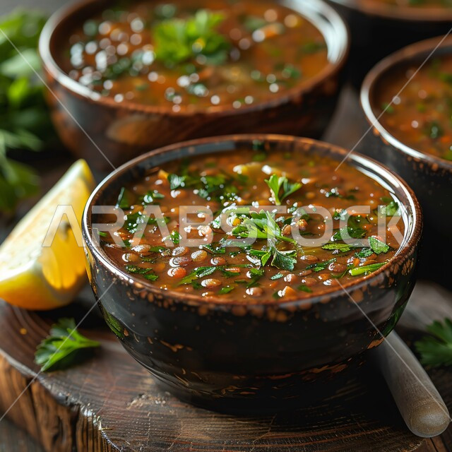 مطاعم للأكلات الشعبية المشهورة، طرق مميزة لتقديم الأطعمة، وصفات المأكولات الشرقية, مطابخ المملكة العربية السعودية, أطباق طعام لذيذة وصحية, صورة مقربة لطبق شوربة العدس مع البقدونس في وعاء ريفي