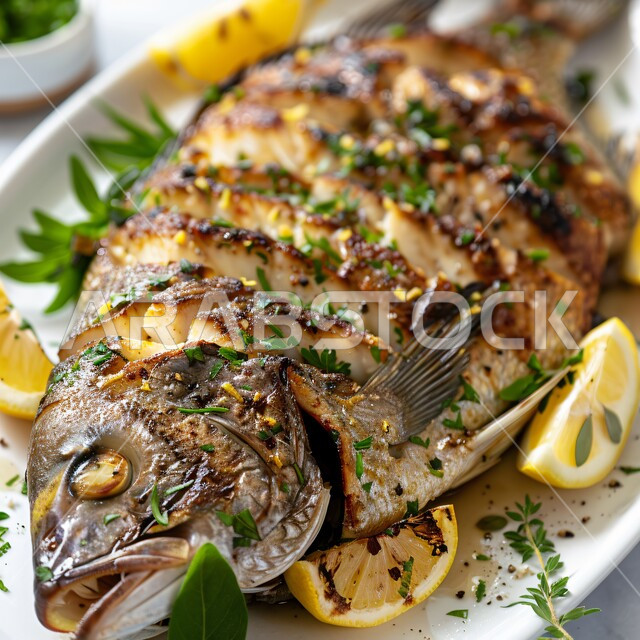 مطاعم للأكلات الشعبية المشهورة، طرق مميزة لتقديم الأطعمة، وصفات المأكولات الشرقية, مطابخ المملكة العربية السعودية, أطباق طعام لذيذة وصحية, صورة مقربة لطبق سمك مشوي بالليمون والأعشاب