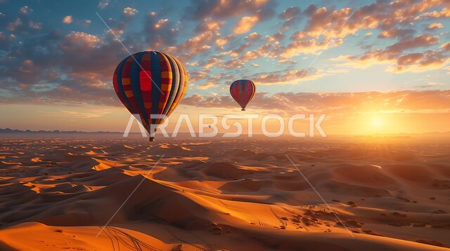 منطاد مملوء بالهواء الساخن يحلق فوق الصحراء الواسعة, الأنشطة الترفيهية الممتعة, وجهة عائلية سياحية طبيعية, البالونات الهوائية تطير في سماء المملكة وقت الغروب