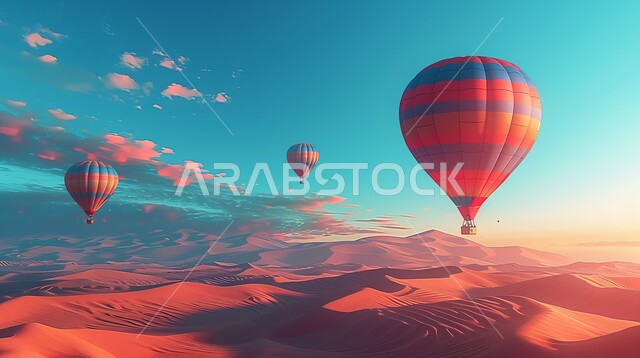 منطاد مملوء بالهواء الساخن يحلق فوق الصحراء الواسعة, الأنشطة الترفيهية الممتعة, وجهة عائلية سياحية طبيعية, البالونات الهوائية تطير في سماء المملكة وقت الغروب