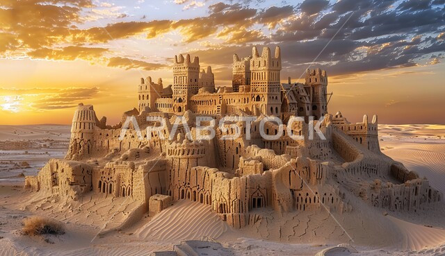 العراقة والأصالة والتراث السعودي، معالم سياحية مشهورة وسط الصحراء في السعودية، المعالم التاريخية التراثية في المملكة، الكثبان الرملية في المناطق الصحراوية، منظر السماء المليئة بالغيوم وقت الغروب، الفن الهندسي المعماري على الطراز القديم