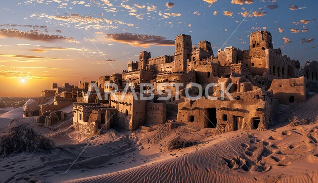 الفن الهندسي المعماري على الطراز القديم، المعالم التاريخية التراثية في المملكة، منظر السماء المليئة بالغيوم وقت الغروب، معالم سياحية مشهورة وسط الصحراء في السعودية، العراقة والأصالة والتراث السعودي، الكثبان الرملية في المناطق الصحراوية