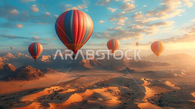 الأنشطة الترفيهية الممتعة, منطاد مملوء بالهواء الساخن يحلق فوق الصحراء الواسعة, وجهة عائلية سياحية طبيعية, البالونات الهوائية تطير في سماء المملكة وقت الغروب