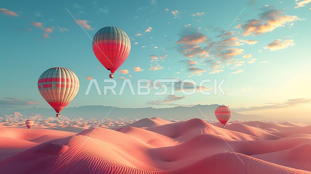 الأنشطة الترفيهية الممتعة, منطاد مملوء بالهواء الساخن يحلق فوق الصحراء الواسعة, وجهة عائلية سياحية طبيعية, البالونات الهوائية تطير في سماء المملكة وقت الغروب