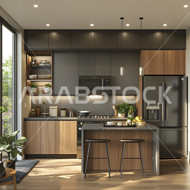 مطبخ بديكورات داخلية فاخرة، فنون الهندسة المعمارية المتميزة الحديثة، شقق وفلل سكنية في السعودية، استخدام الطراز الفني العصري في الأثاث المنزلي