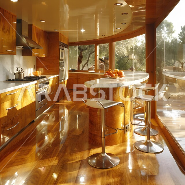 مطبخ بديكورات داخلية فاخرة، فنون الهندسة المعمارية المتميزة الحديثة، شقق وفلل سكنية في السعودية، استخدام الطراز الفني العصري في الأثاث المنزلي